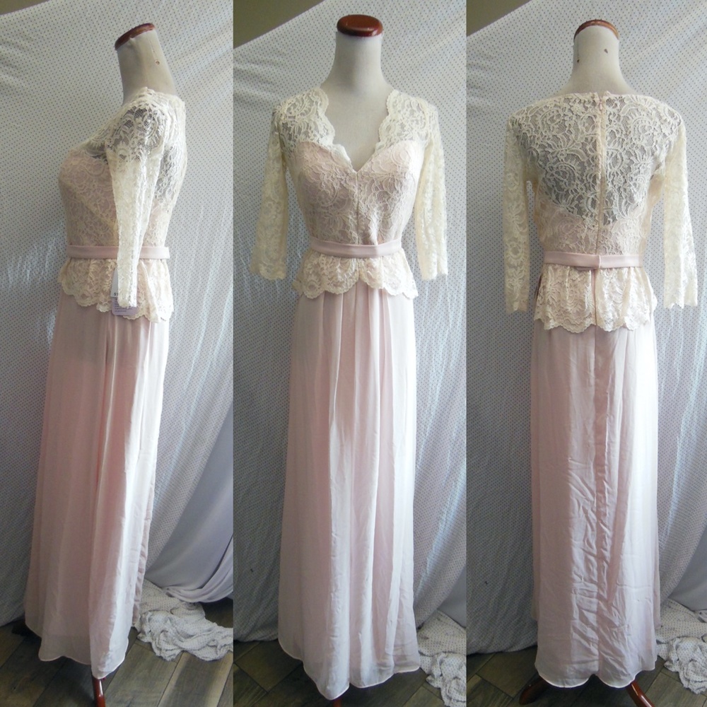 NEW Jenny Packham BLUSH IVORY Lux LACE & CHIFFON Column BRIDESMAID Peplum GOWN